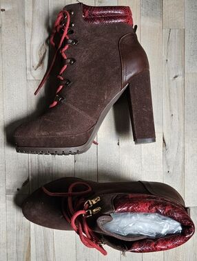 9, Shoedazzle, Brown,  Combat Boots High Heels, Sexy Hikers, Womens